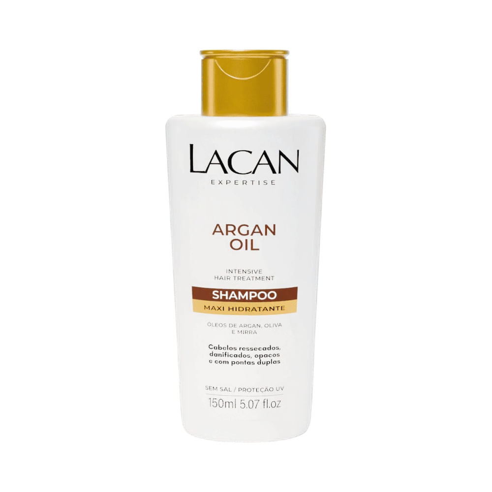 Frasco de shampoo Lacan Argan Oil, branco com tampa dourada, 150ml, em fundo branco